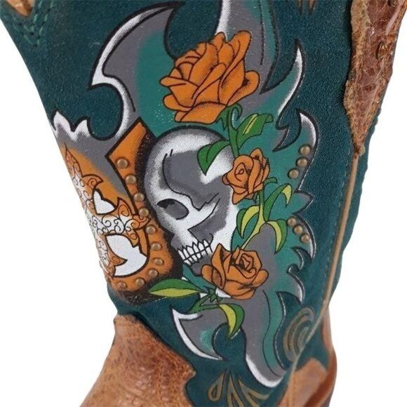 Ariat Rodeo Day Of The Dead Skull Rose Cowboy Boots Tan Turquoise Sz 8.5 - Picture 3 of 12